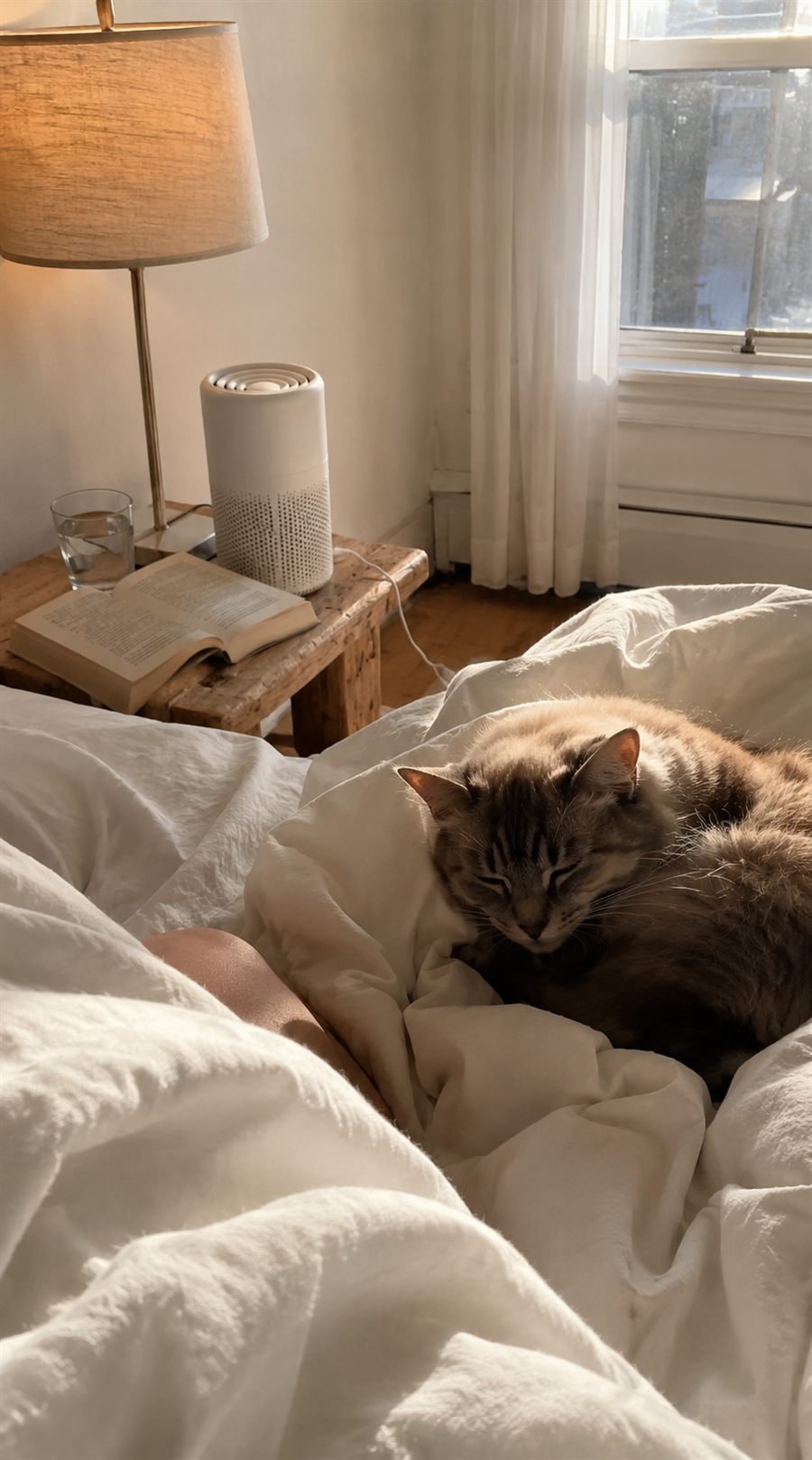 Sleepy cat on the blanket in a cozy morning bedroom, Fealine on the nightstand