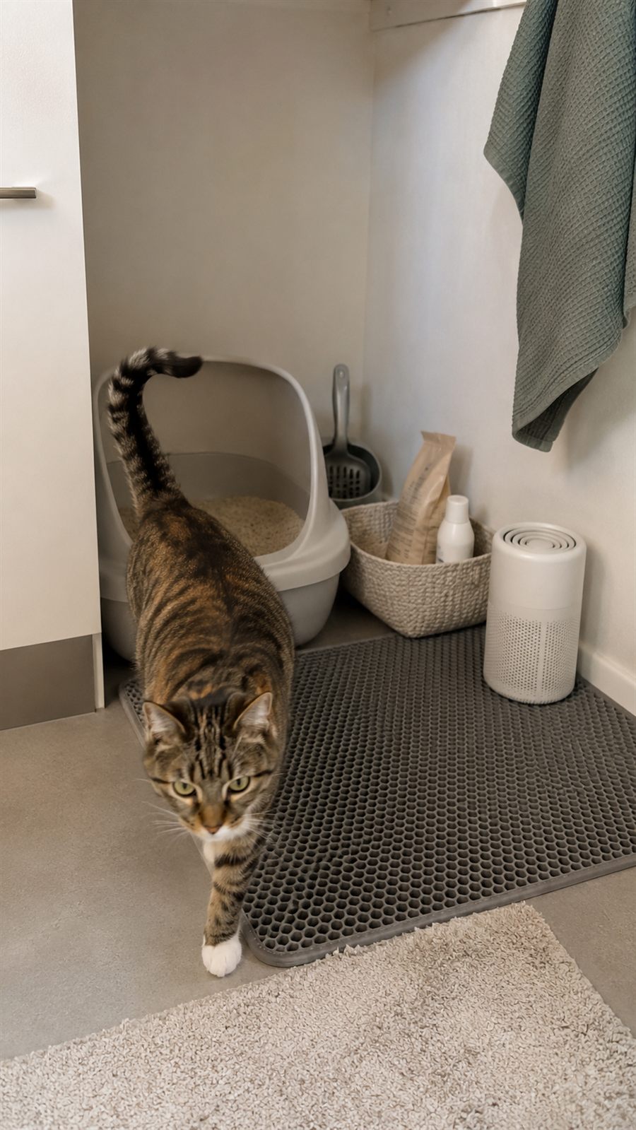 Clean litter box corner with a cat stepping out, Fealine nearby