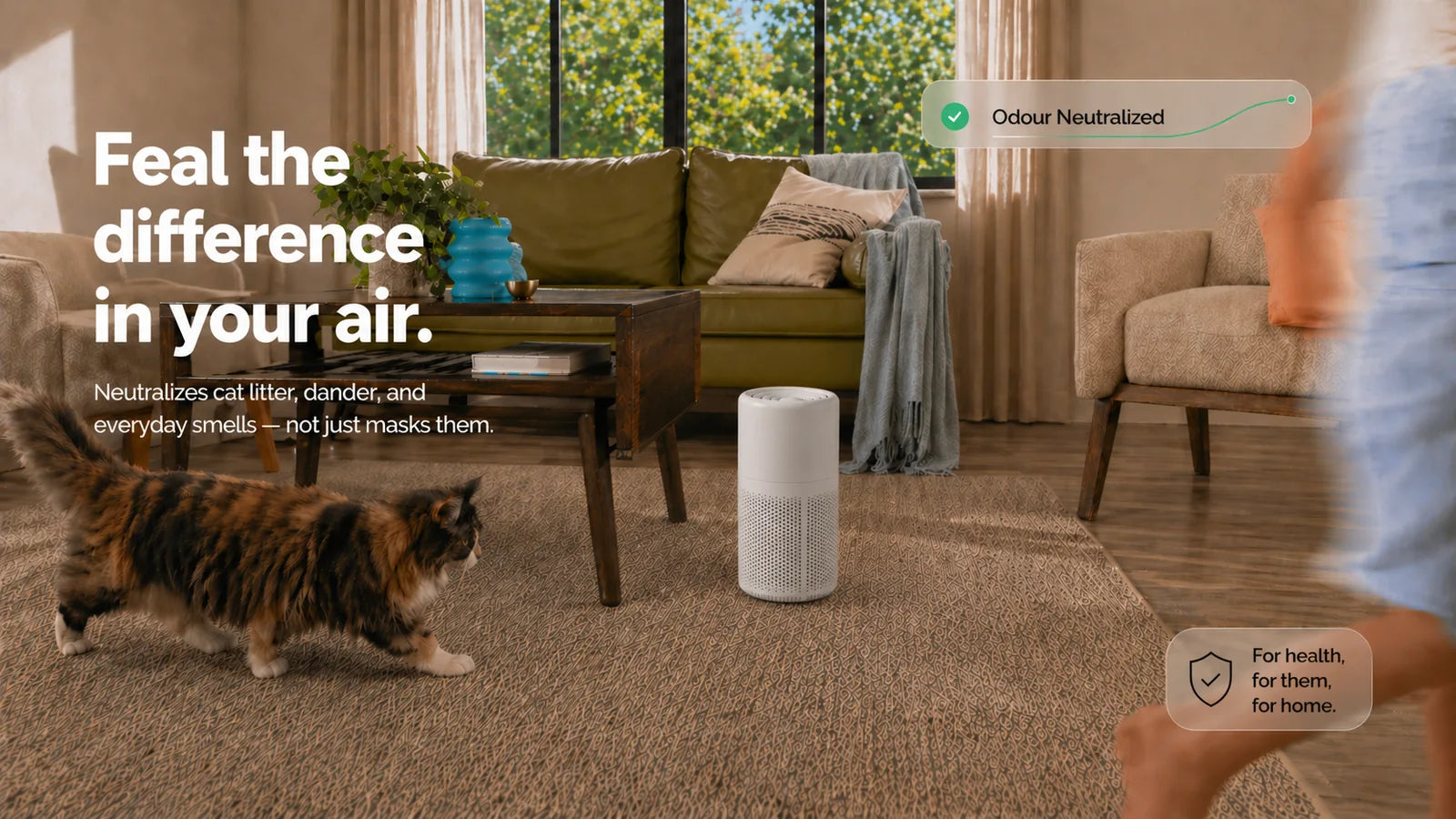 Fealine Air purifier on a nightstand for cleaner bedroom air with cats