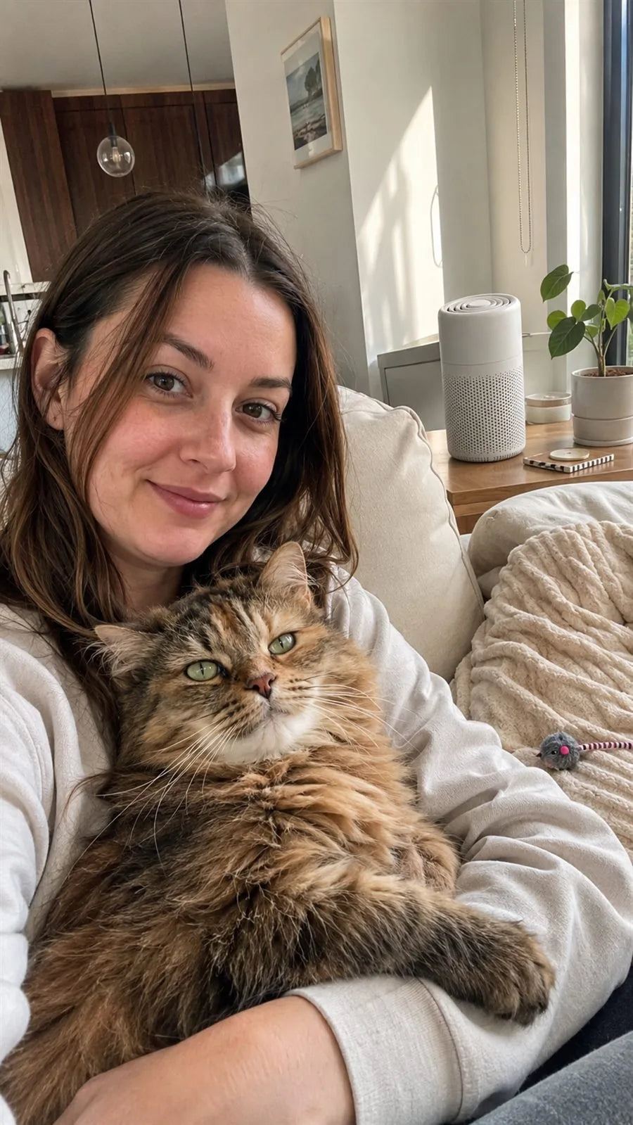 Woman on a cream couch holding her cat, Fealine in the background