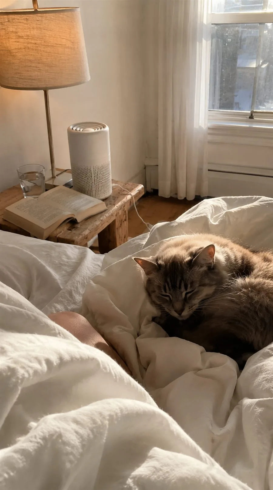 Sleepy cat on the blanket in a cozy morning bedroom, Fealine on the nightstand