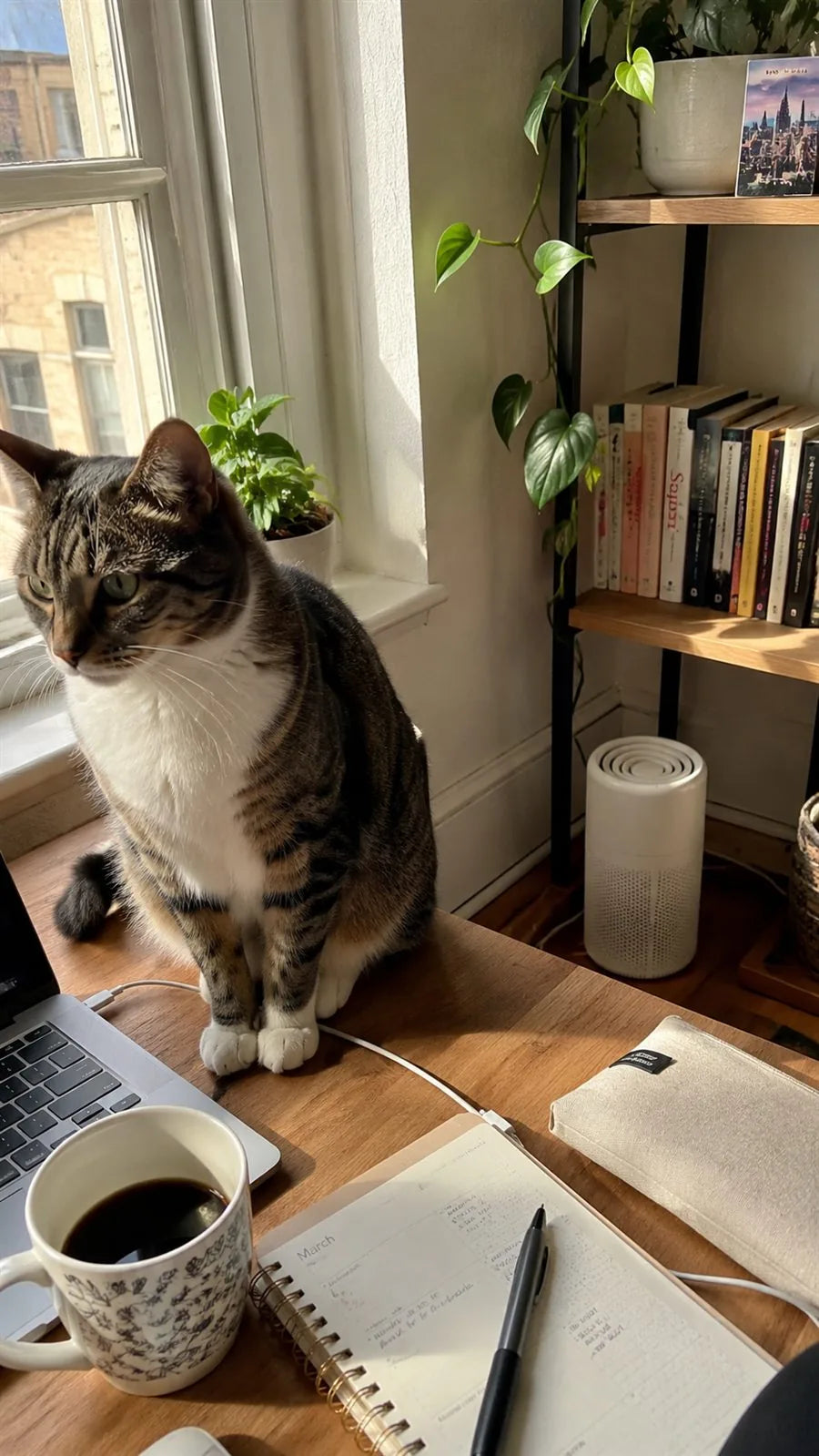 Home office desk with laptop and coffee, cat by the window, Fealine near the shelf