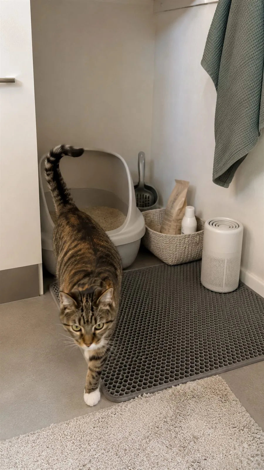 Clean litter box corner with a cat stepping out, Fealine nearby